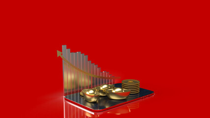 The  Chinese gold  and tablet on red background for business concept 3d rendering