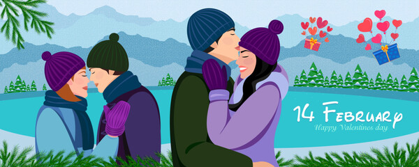 Valentine's Day banner. The atmosphere of romance and love. Couples in love on a walk.