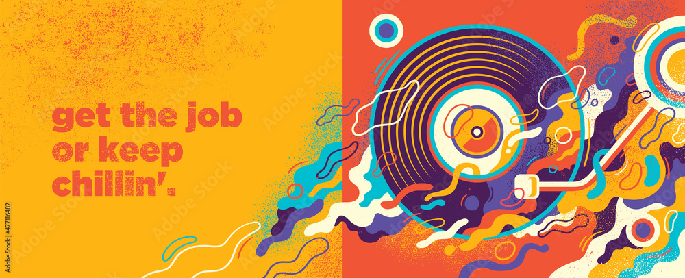 Aufkleber party banner design in abstract style with turntable and colorful splashing shapes. vector illustrat