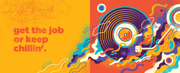 Party banner design in abstract style with turntable and colorful splashing shapes. Vector illustration.