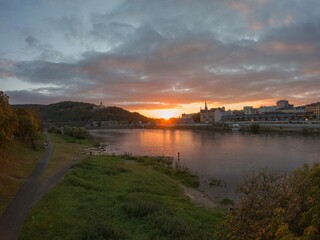 Fototapeta premium Usti nad Labem, Czechia river sunset panorama