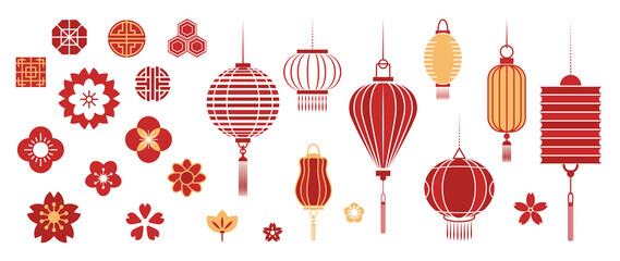 Chinese New Year Icons vector set. Chinese paper lantern and red lamp isolated icons of Asian Lunar New Year holiday decoration vector. Oriental culture tradition illustration.  © TWINS DESIGN STUDIO