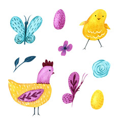 Watercolor Easter collection with eggs, hen, chicken, butterflies and flowers - 477117003