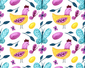 Watercolor seamless pattern with hen, colored eggs, buterflies and flowers - 477117033