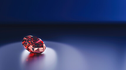 Red ruby on a blue background. Gem. 3D rendering