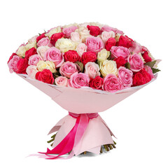 Big bouquet of pink, white and red roses in paper cone isolated on white background