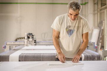 Logistic printing technician worker controls and arranges the printed material