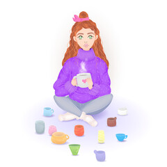 a girl is sitting on the floor with a cup of tea, there are many glasses around