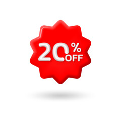 20 percent price off icon or label. 3d sale or discount badge or price tag for promo design. Vector illustration.