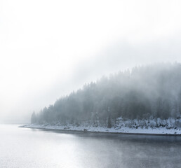 Snow-covered landscape at Christmas time at the Schluchsee in the Upper Black Forest, Germany