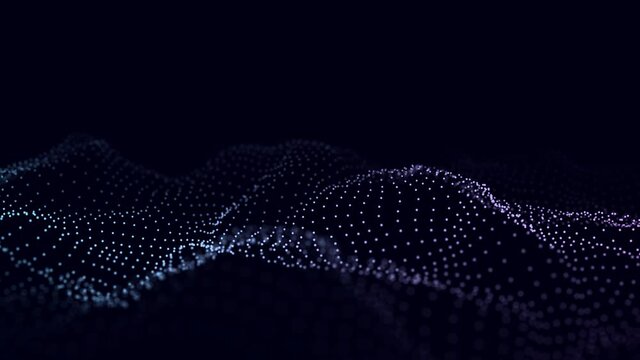 Futuristic technology wave. Digital cyberspace. Abstract wave with moving particles on a black background. Big data analytics. 3D rendering.