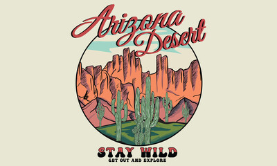 Arizona desert theme vintage color vector artwork for t shirts prints, posters, and other uses. - obrazy, fototapety, plakaty
