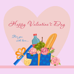 Gift box with flowers and food. Happy Valentine's day