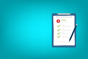 Clipboard with dollar sign, checkmarks and pen. Financial planning, investing, business audit, business plan concepts. Flat design. 