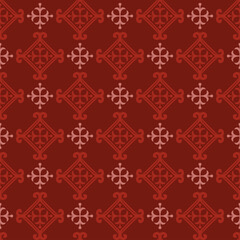 Background image with decorative geometric ornament on burgundy background in vintage style. Fabric texture swatch, seamless wallpaper. Vector illustration