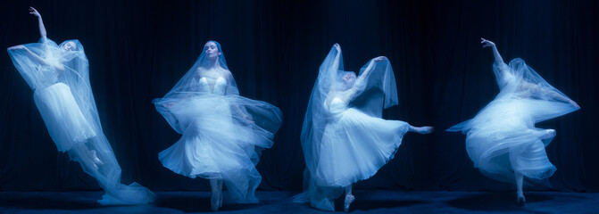 Collage of tender ballerina in beautiful white dress dancing isolated over dark background in neon