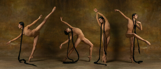Collage. Portraits of tender profesional ballering dancing in beige bodysuit isolated over vintage...