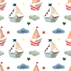Watercolor seamless pattern, children's set, paper boats, sea, clouds and stars, suitable for posters and postcards