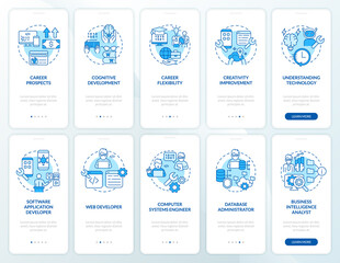 Coding concepts blue onboarding mobile app screen set. Admin walkthrough 5 steps graphic instructions pages with linear concepts. UI, UX, GUI template. Myriad Pro-Bold, Regular fonts used
