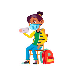 Teen girl wearing face mask. Face portrait. Campus child. vector character flat cartoon