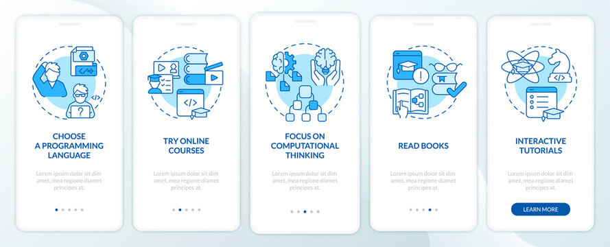 How to learn to code blue onboarding mobile app screen. Class walkthrough 5 steps graphic instructions pages with linear concepts. UI, UX, GUI template. Myriad Pro-Bold, Regular fonts used