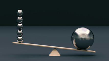 One large metal ball outweighs several small metal balls of a small diameter on a swing. 3D rendering. Minimalism. Abstraction. Balance concept. Leadership