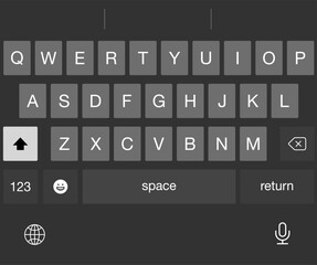 Vector phone mobile keyboard. Screen keypad for smartphone. Flat UI of qwerty icons of alphabet for chat, text, messages. Smart digital buttons for cellphone sms.Design, template of pad for messenger - obrazy, fototapety, plakaty