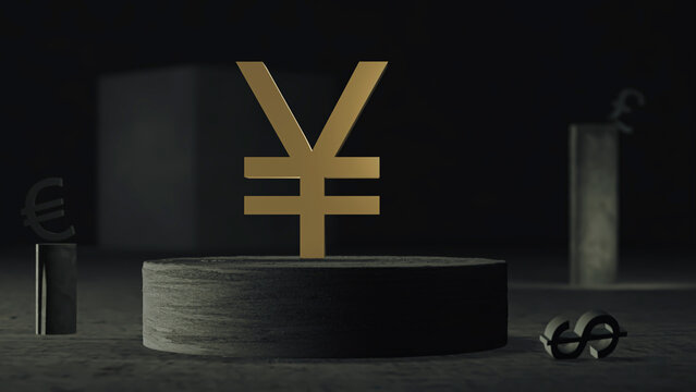 Gold-plated Japanese Yen symbol is set on a concrete plinth against a background of abstract shapes and symbols of other currencies. Minimalistic realistic style. 3D rendering. Financial concept.