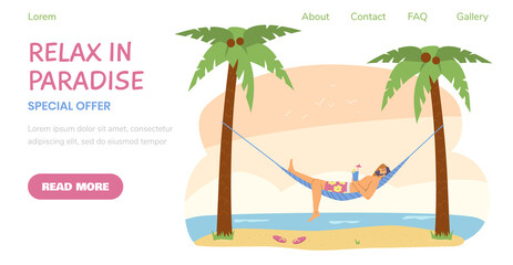 Man in hammock relax on the ocean beach vacation vector illustration. Relax in paradise, male swings in hammock.
