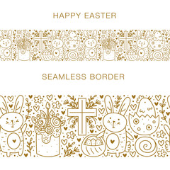 Happy Easter doodle line art elements. Rabbit, bunny, christian cross, cake, chicken, egg, hen, flower, sun. Isolated on white background. Seamless border, banner.