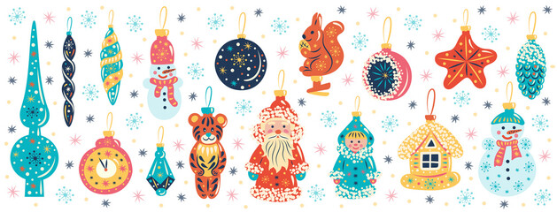 A set of Soviet New Year's tree decoration: Ded Moroz, Snegurochka, tiger cub, snowmen, pine cone, balls, icicles, star, house toy, bell, chimes, squirrel.