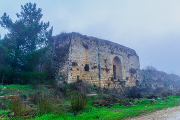 Fototapeta na wymiar Hunin Fortress, on a foggy winter day, Upper Galilee