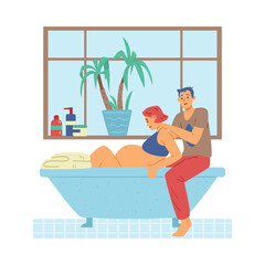 Woman sits in bathtub during labor and man massages her neck, flat vector illustration isolated on white background.