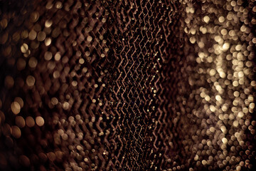 Holiday gold glowing glittering backdrop. Defocused background with glitter. Blurred bokeh.