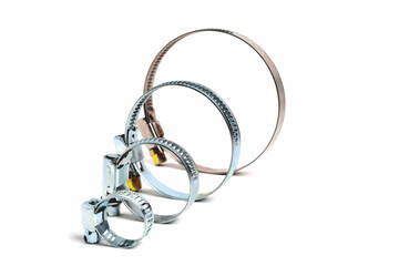 hose clip, round worm tightening clamps on white background, close-up