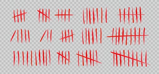 Tally marks set on a transparent background. Collection of blood red hash marks signs of prison wall, jail or desert island lost day tally numbers counting. Vector chalk drawn sticks lines counter.