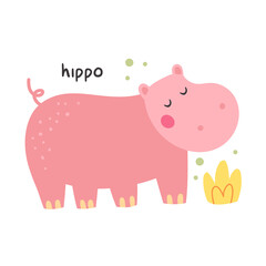 Wild animal childish illustration. Pink cute hippo. Vector design for children. Isolated on white background.