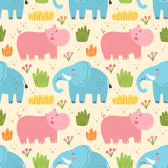 Wild animal childish seamless pattern, background, wallpaper, paper. Hippo and elephant with herbs, grass. Vector design for children. Packaging design.