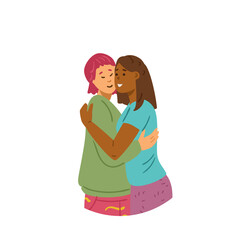 Female friends hugging, flat vector illustration isolated on white background.