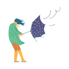 Woman tries to escape heavy wind with umbrella turned inside out, flat vector illustration isolated on white background.