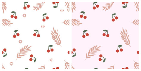 Seamless patterns with cherry fruit and branches on white and pink backgrounds vector.