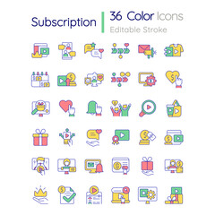 Subscription RGB color icons set. Bonuses and benefits. Content monetization. Isolated vector illustrations. Simple filled line drawings collection. Editable stroke. Quicksand-Light font used