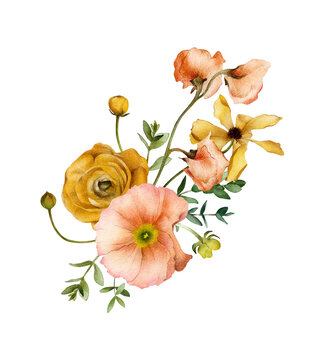 Hand-drawn watercolor floral bouquet with terracotta red Iceland poppy, yellow rose. Summer arrangement. Garden flowers illustration isolated on white background for wedding invitations, cards