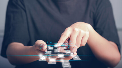 Document Management System (DMS) concept. Businessman work on smartphone mobile apps virtual screen. automation to efficiently manage files and information processes.