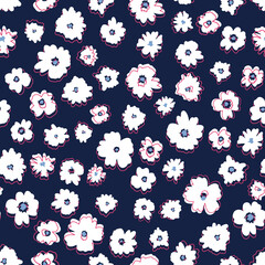 Ditsy daisies meadow allover surface print. Random placed, vector flowers with outlines seamless repeat pattern on dark blue background.