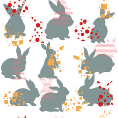 Vector seamless pattern. The contours of hares with a geometric pattern inside on a white isolated background. 