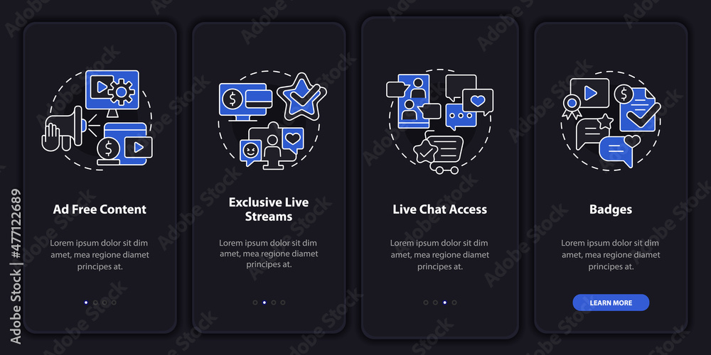 Poster paid subscription features night mode onboarding mobile app screen. walkthrough 4 steps graphic inst