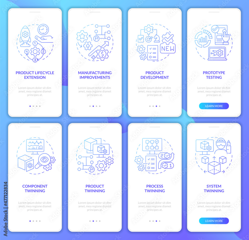 Aufkleber digital twin technology blue gradient onboarding mobile app screen set. walkthrough 4 steps graphic 