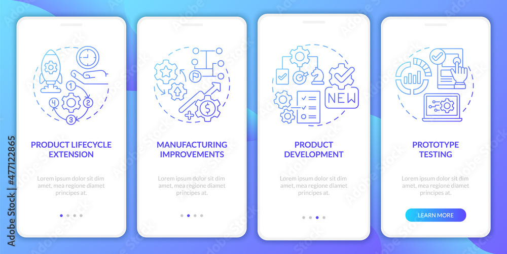 Poster digital twin tasks blue gradient onboarding mobile app screen. walkthrough 4 steps graphic instructi