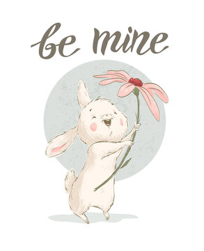 Hand drawn illustration with cute little white bunny character hold big chrysanthemum flower isolated. Vector flat sketch. For Valentine day cards, banners, stickers, prints, sublimation etc.